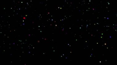 Soyut büyülü arkaplan. Parıldayan, parlak renkli parçacıklar yıldız formunda siyah arkaplana düşüyorlar. Uçan, yanıp sönen yıldızlar parıldıyor. .