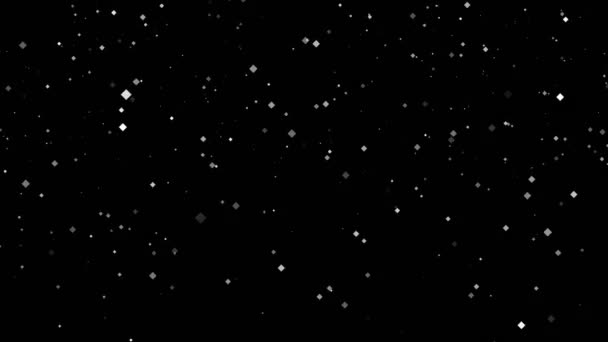 Abstrakter Hintergrund mit glänzend funkelnden weißen Staubpartikeln in Form von Rauten. Fliegende, fallende, funkelnde und flackernde Lichtteilchen auf schwarzem Hintergrund. — Stockvideo