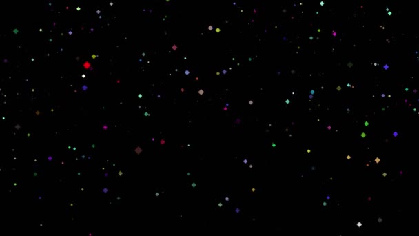 Fundo mágico festivo abstrato. Brilhante partículas coloridas glitter em forma de losango caindo sobre fundo preto. Flying, partículas cintilantes de luz, brilhos — Vídeo de Stock