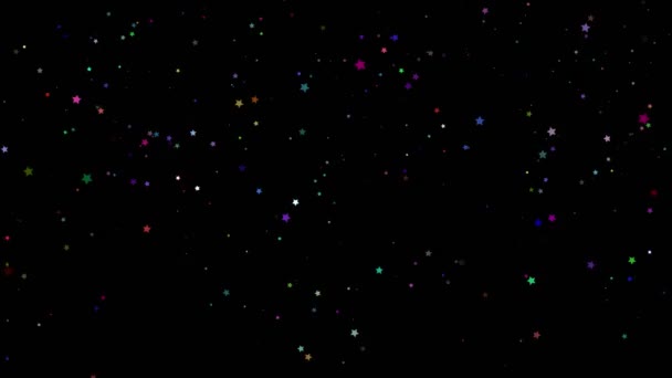 Abstracte feestelijke magische achtergrond. Twinkelende, glitterkleurige deeltjes in stervorm die op zwarte achtergrond vallen. Vliegende, flikkerende sterren schitteren . — Stockvideo