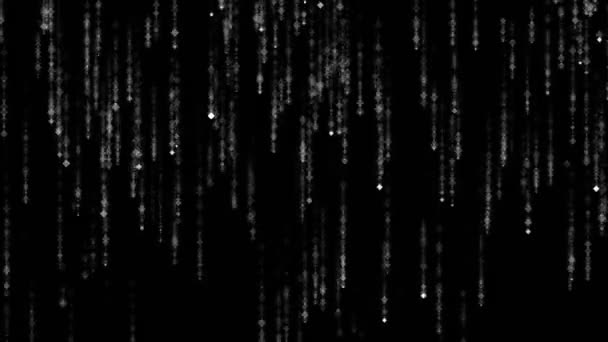 Abstracte achtergrond. Motion Graphic of Twinkling, glinsterende, witte, ruitvormige deeltjes vallen naar beneden met matrix effect op zwarte achtergrond. — Stockvideo