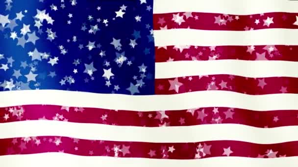 Fond mouvant sous la forme d'un drapeau américain des États-Unis, comme s'il agitait dans le vent. étoiles translucides survolent le drapeau . — Video