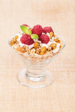 sağlıklı tahıl kahvaltı ile Yunan yoğurt ve ahududu