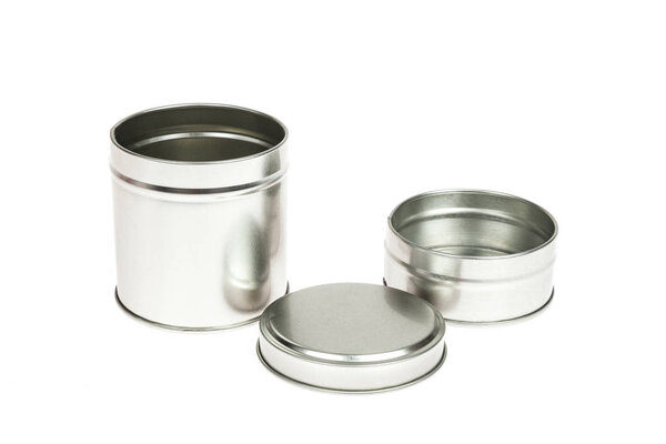 Metal container with lid, for multiple use; Photo on white background.
