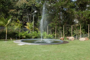 Evin yeşil bölgesinde dekoratif su çeşmesi var..