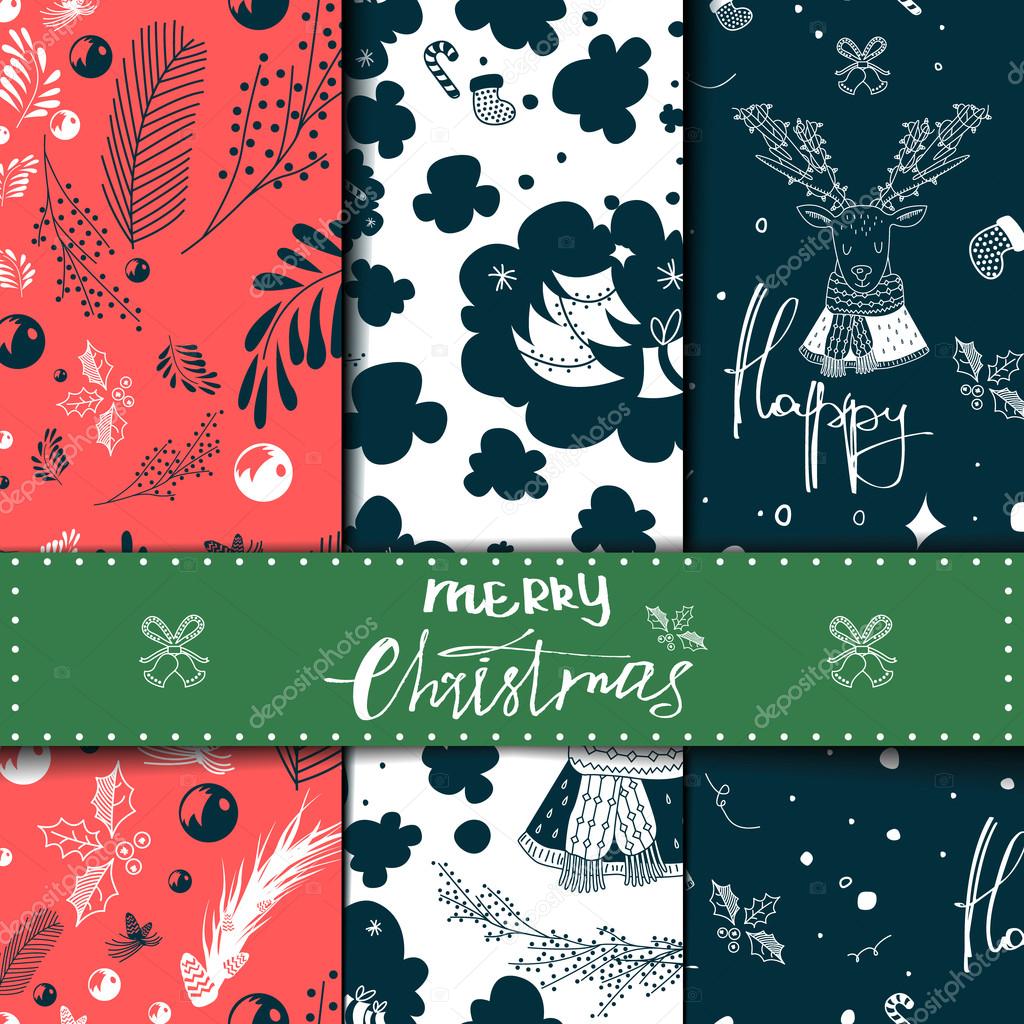 Creative drawn textures. Set of vector seamless pattern. For Christmas and happy new year. 