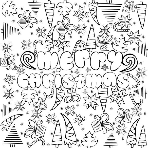 "Merry Christmas" sign with themed doodle sketchy illustration. Anti stress coloring page — Stock Vector