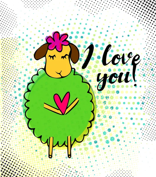 "Te amo "letras con doodle verde oveja con corazón rosa y halfones retro . — Vector de stock