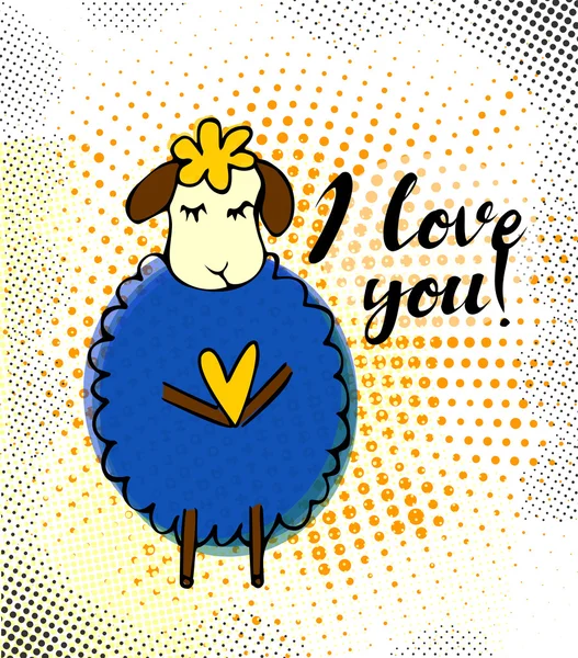 "Te amo "letras con doodle azul oveja con corazón amarillo y halfones retro . — Vector de stock