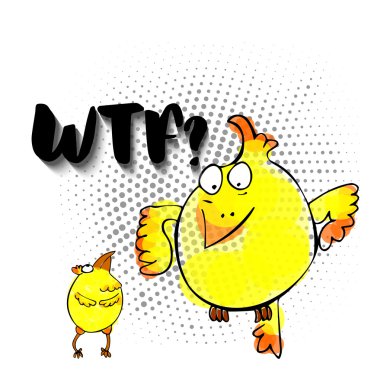 WTF yüz Sarı doodle tavuk karakteri ve retro yarı tonlar