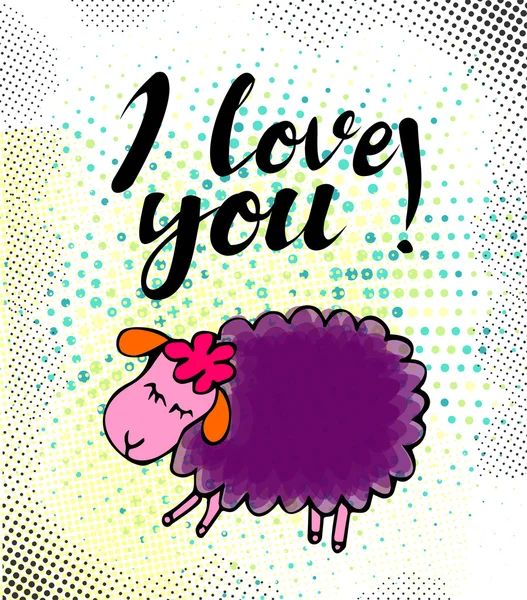 Doodle tarjeta de oveja con "Te amo". Linda ilustración de animal dormido violeta . — Vector de stock