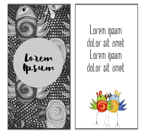 Örnek metin ile Doodle bahar ruh kartı. Sevimli kuş ve yarı tonlar.