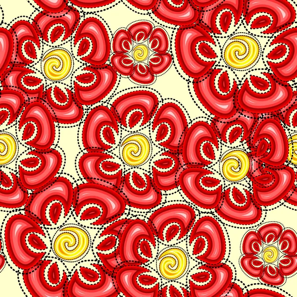 Doodle Blumen nahtlose Muster mit roten Blumen — Stockvektor