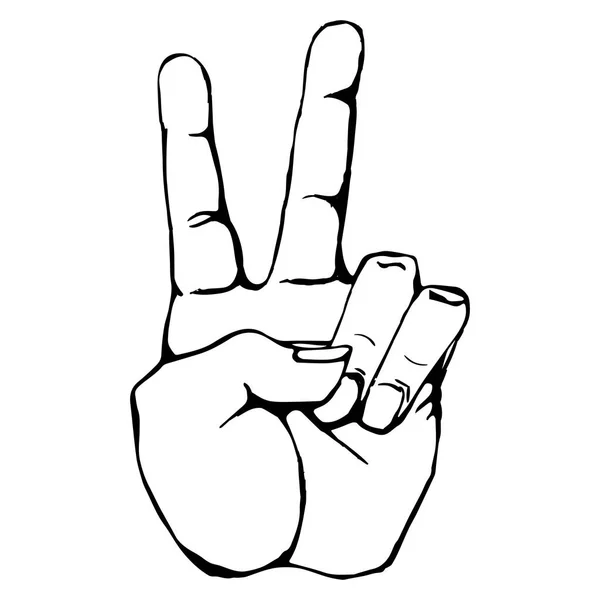 Esquema negro realista victoria o la paz mano gesto icono gráfico — Vector de stock