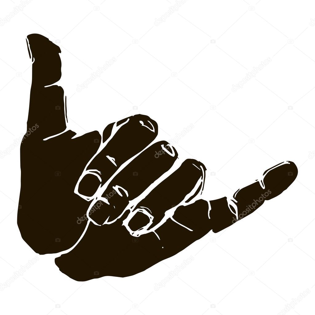 Black silhouette realistic shaka hand gesture icon graphic