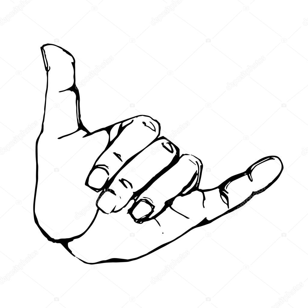 Black outline realistic shaka hand gesture icon graphic