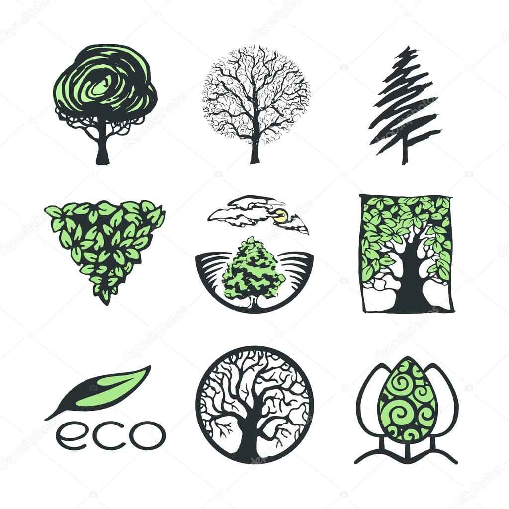 Vector set of tree logo and icons. Design template, badges, labels and logotype for business