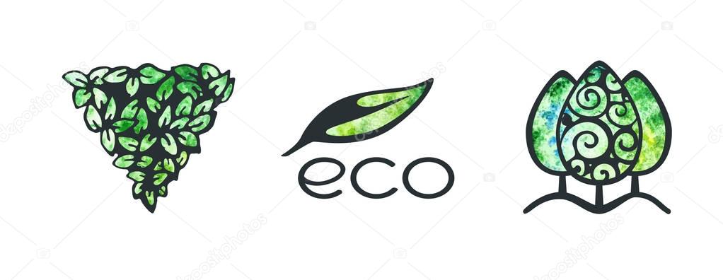Vector watercolor colorful set of tree logo and icons. Design template, badges, labels and logotype for business