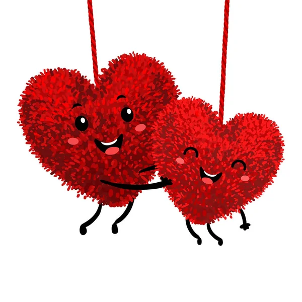 Kleurrijke afbeelding van twee zachte speelgoed in de vorm van een hart omarmen en verliefd — Stockvector