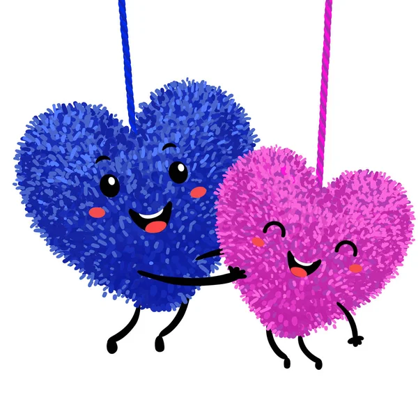 Kleurrijke afbeelding van twee zachte speelgoed in de vorm van een hart omarmen en verliefd — Stockvector
