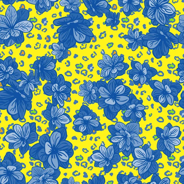 Farbenfrohes nahtloses Muster mit Leopardenmuster und blauen Blumen — Stockvektor