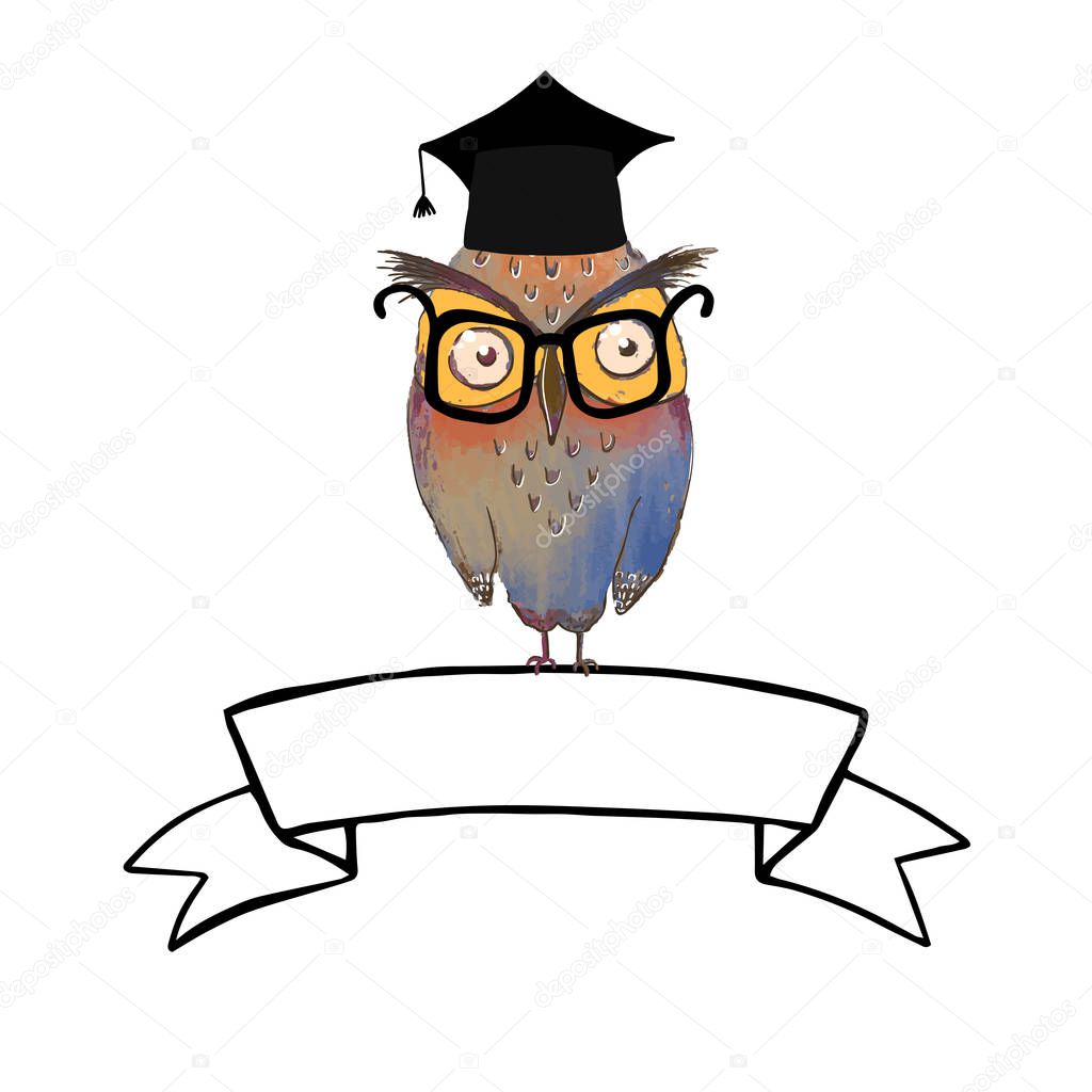 Wise owl in graduate cap and ribbon banner