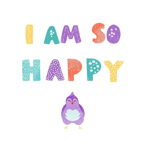 Pájaro y letras dibujadas a mano - Estoy tan feliz — Vector de stock
