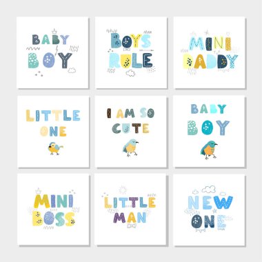 Küçük çocuklar için harfli eğlenceli el çizimi bebek odası posterleri olan vektör seti.