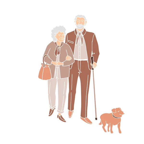 Heureux couple de personnes âgées marchant avec leur chien — Image vectorielle