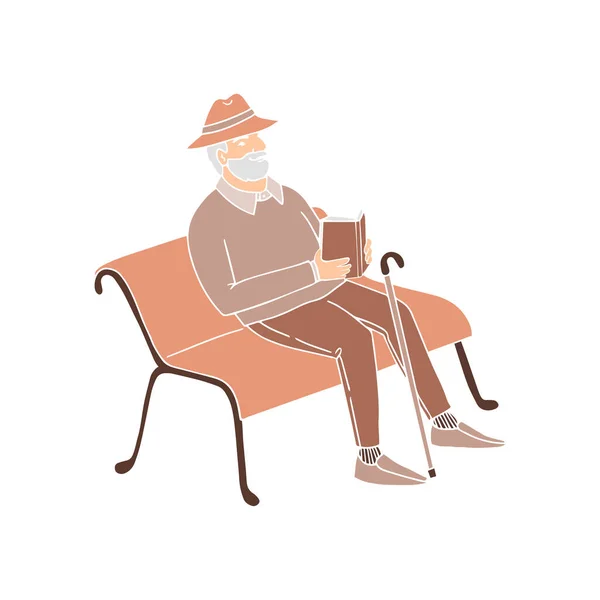 Lindo anciano sentado en un banco del parque leyendo un libro — Vector de stock