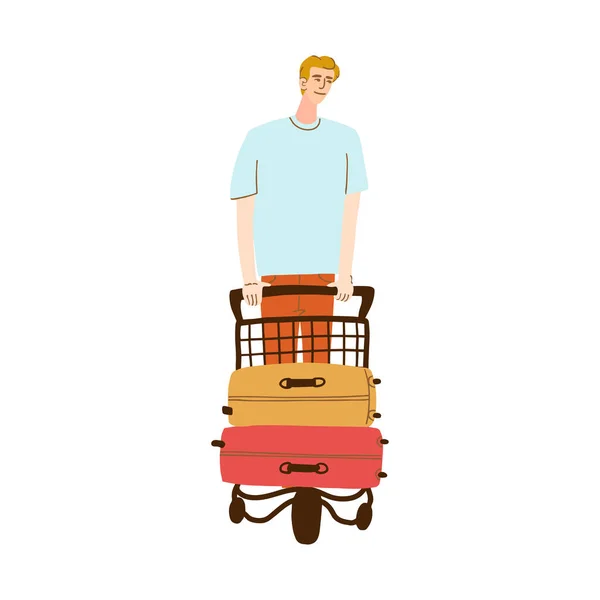 Ilustración de un hombre pasea con equipaje en un carro — Vector de stock