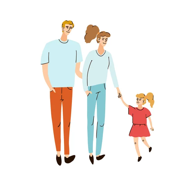 Jong familie, mam vader en dochter samen wandelen — Stockvector