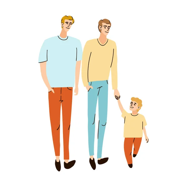 Νεαρή οικογένεια, δύο μπαμπάδες και γιος περπατάνε μαζί — Διανυσματικό Αρχείο