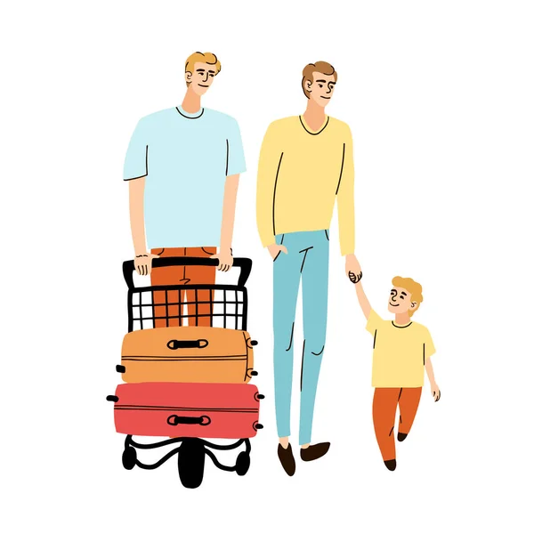 Illustratie van familie met kind wandelen met bagage op trolley — Stockvector