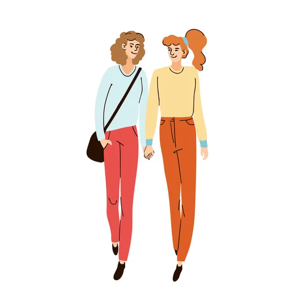두 소녀 친구 가 길에서 손을 잡고 함께 걷고 있다 — 스톡 벡터
