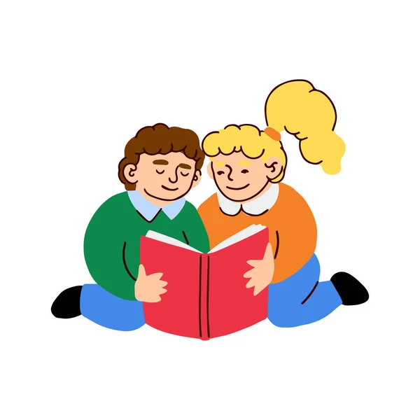 Lindo niño y niña lee un libro — Vector de stock