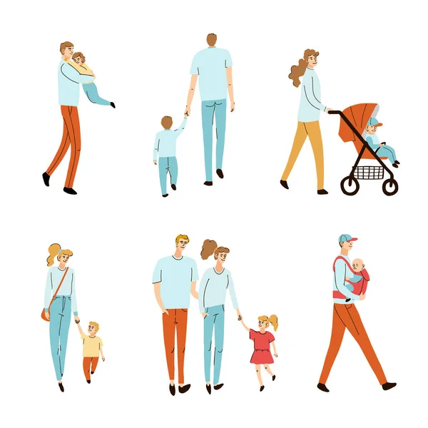 Giovane famiglia, mamma papà e figlia insieme a piedi — Vettoriale Stock