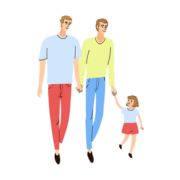 Молодая семья, два отца и дочь вместе ходят — стоковый вектор