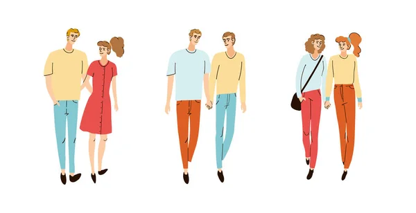 Ensemble coloré avec des illustrations de jeunes couples marchant — Image vectorielle