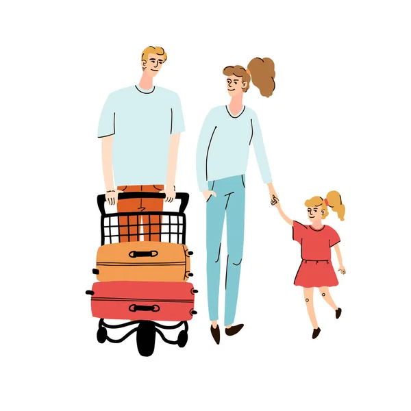 Illustration einer Familie mit Kind, die mit Gepäck auf Trolley geht — Stockvektor