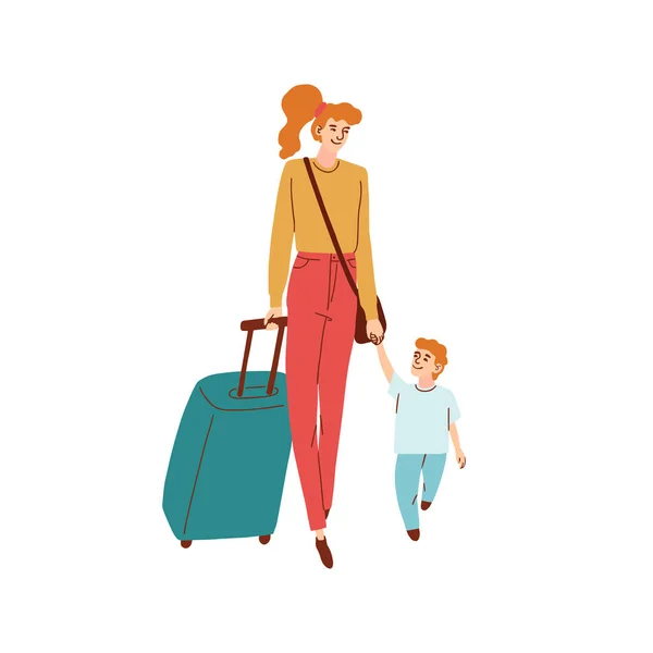 Εικονογράφηση της μαμάς και του γιου περπατήσει χέρι-χέρι με suitcas — Διανυσματικό Αρχείο