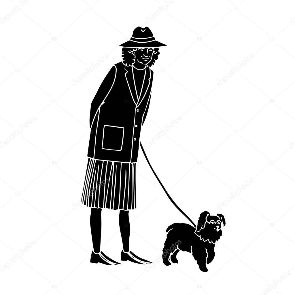 Old woman walking with dog