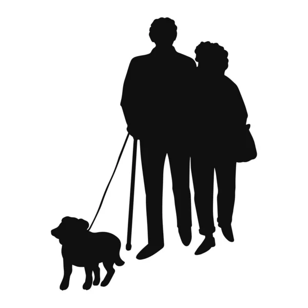 Casal feliz de pessoas idosas andando com o cão — Vetor de Stock