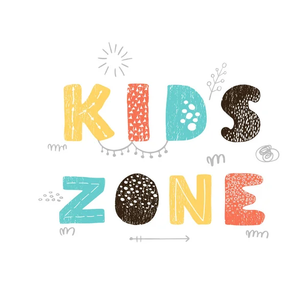 Kids Zone - lustiges handgezeichnetes Kinderkrippenposter mit Schriftzug — Stockvektor