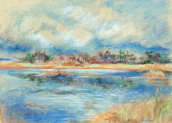 Sonbahar yatay, bir nehir, el çekilmiş pastel
