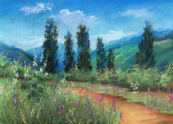 Pintura Pastel Artesanal Paisagem Com Campos Provence — Fotografia de Stock