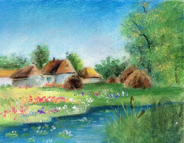 Pintura Pastel Hecha Mano Casas Orilla Del Río —  Fotos de Stock