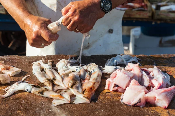 Italy Sicily Trapani Province Trapani Cleaning Squid Market Trapani — 스톡 사진