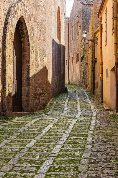 Italy Sicily Trapani Province Erice Narrow Cobblestone Street Ancient Hill Stock Picture