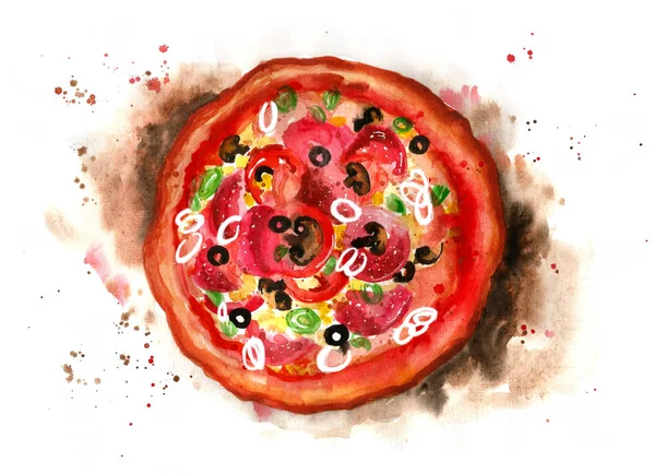 Акварель вкусная гранж пицца — стоковое фото